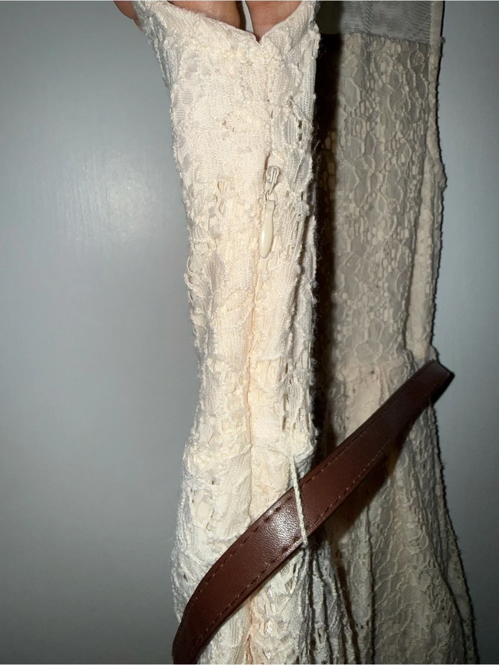 Beautees Cream Lace Dress with Brown Accent Belt